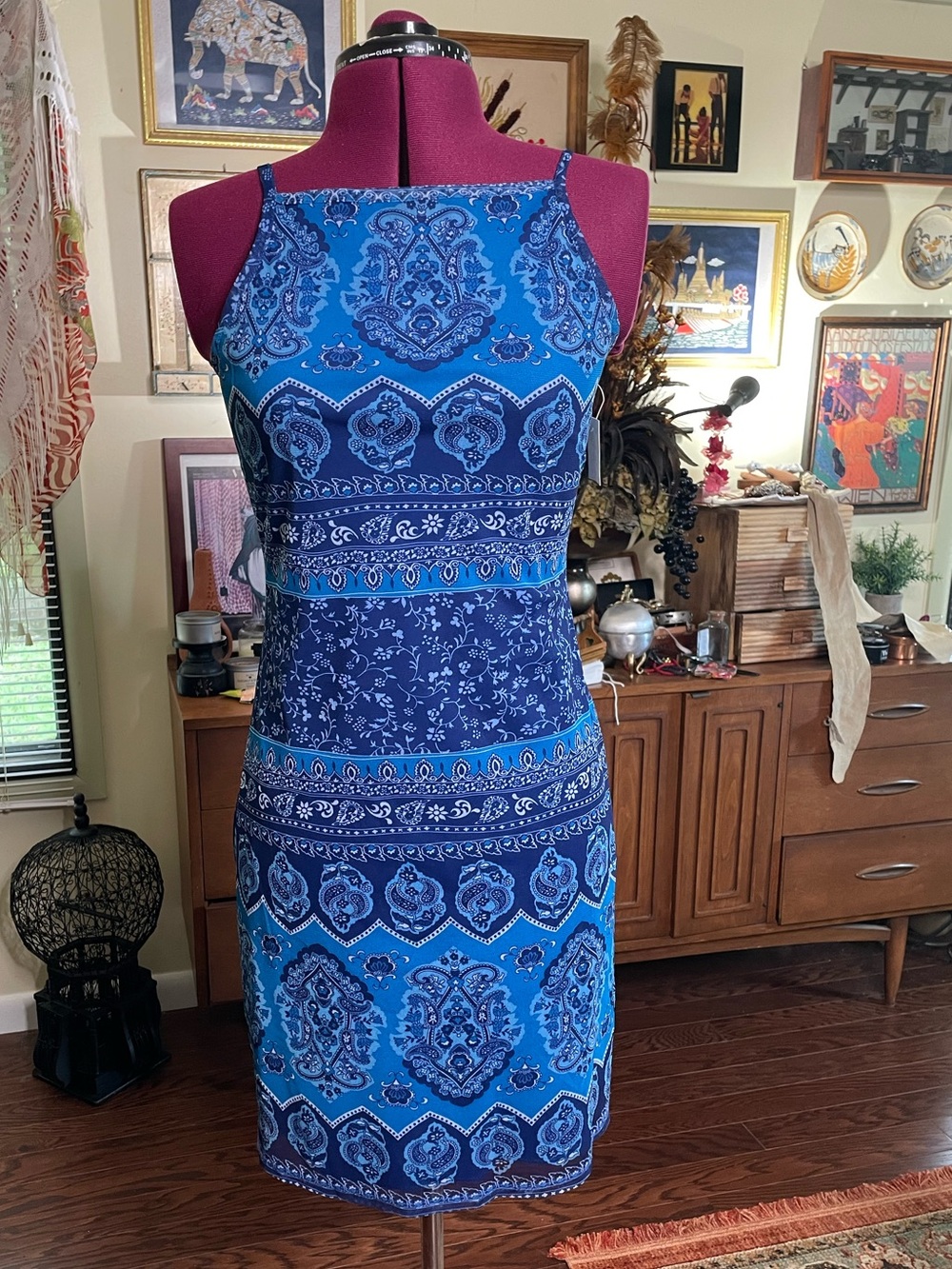 Vintage 90s Blue bandanna, Paisley Print Sleeveless mesh Dress